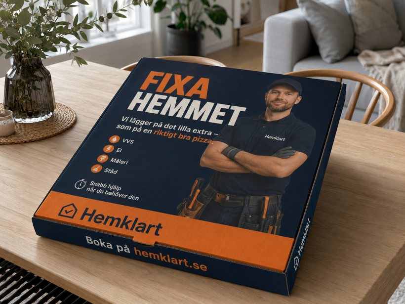 Hemklart hemtjänstkampanj på en pizzakartong
