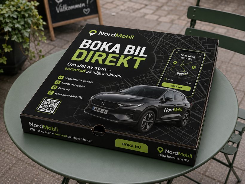 NordMobil bildelningskampanj på en pizzakartong