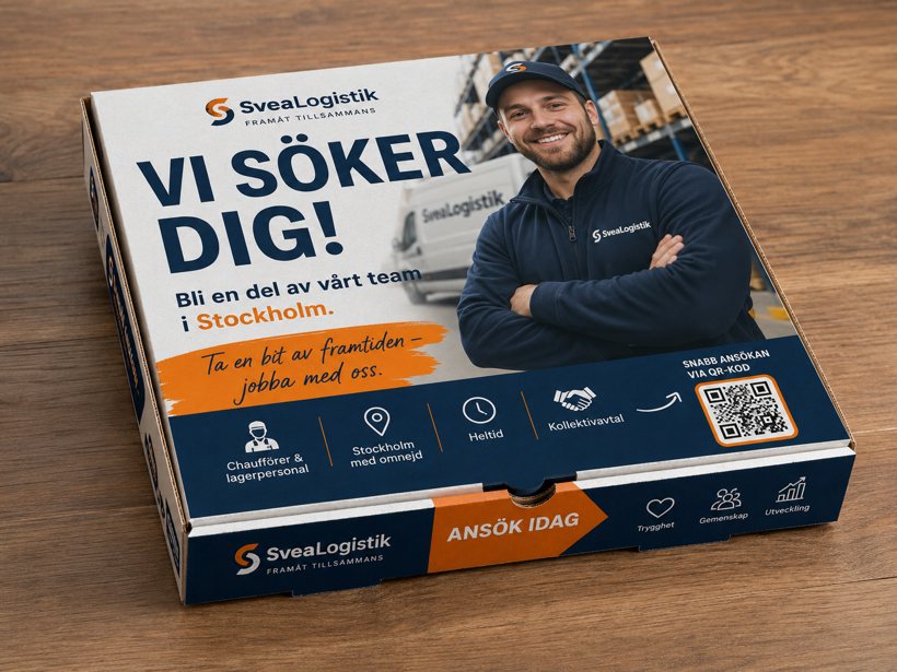 SveaLogistik rekryteringskampanj på en pizzakartong